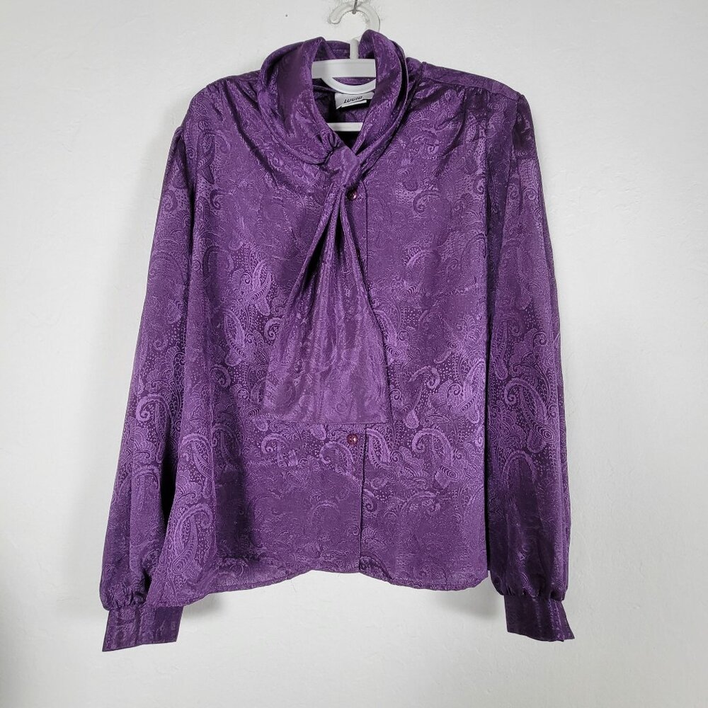 Vintage Lucia Womens Purple Paisley Blouse with Scarf Collar Size 14 Long Sleeve